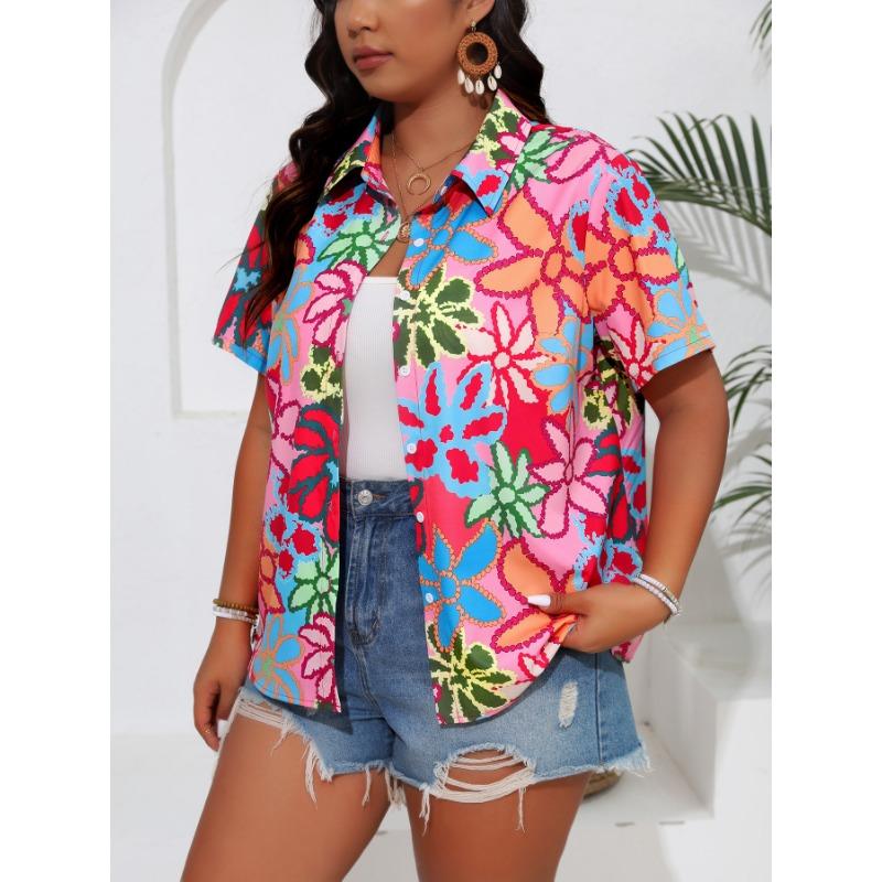 

Женская рубашка больших размеров на лето с мягким принтом на пуговицах и короткими рукавами 4XL розы красного