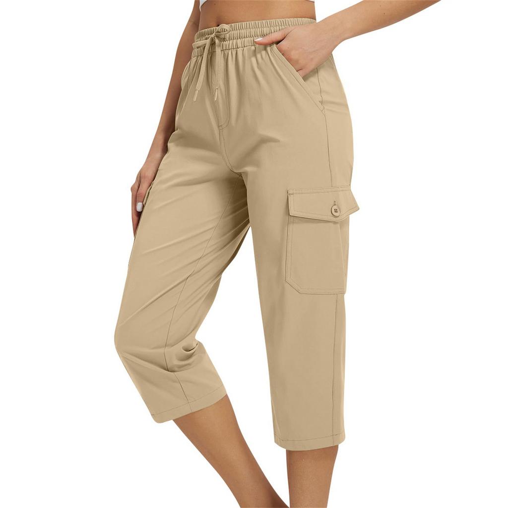 Damen locker sitzende High-Waist Wanderhose mit elastischem Bund, leicht, mit zwei Taschen, lässige Capri-Hose für Outdoor-Aktivitäten