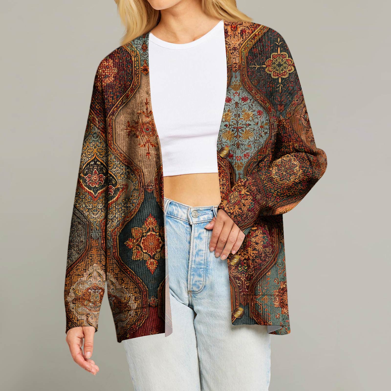 

Женский модный кардиган с длинным рукавом, V-образным вырезом, на пуговицах, свободного кроя, с рождественским принтом L верблюд