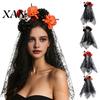 Skull Pumpkin Accessory Floral Headband, Stable Hair Hoop with 3D Artificial Gothic Halloween Headpiece Flowers And Spiderweb Black Gauze Party