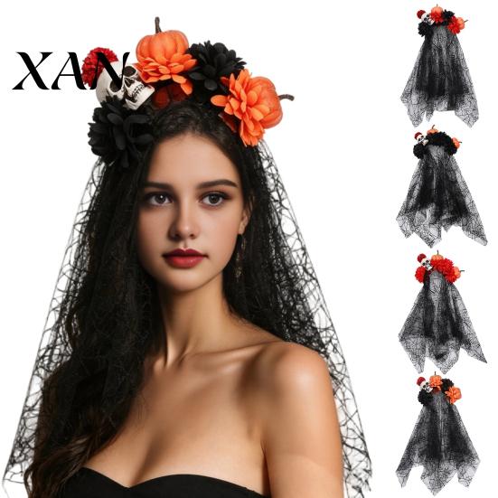 Skull Pumpkin Accessory Floral Headband, Stable Hair Hoop with 3D Artificial Gothic Halloween Headpiece Flowers And Spiderweb Black Gauze Party