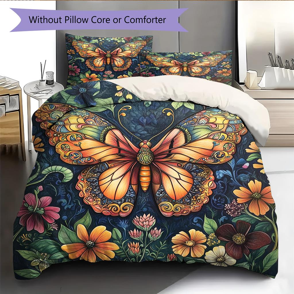 Butterfly in Flower Bushes  Pattern Bedding Quilt Set Quilt Cover Pillowcase Home Decoration  Gift (1 * duvet cover + 2 * pillowcase, without core)