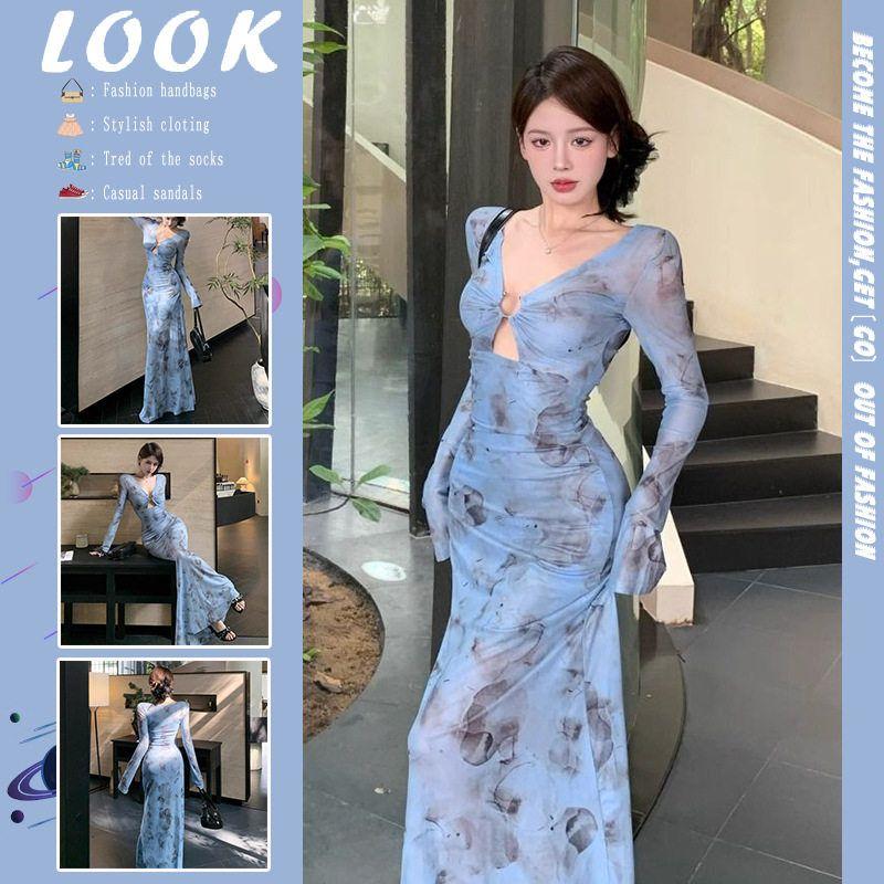 

Stylish Blue Tie-Dye Printed V-Neck Long-Sleeve Dress for Women, 2025 New Model, Sexy Hollow-Out Waist-Cinching Long Dress Blue S [Excellent Quality]