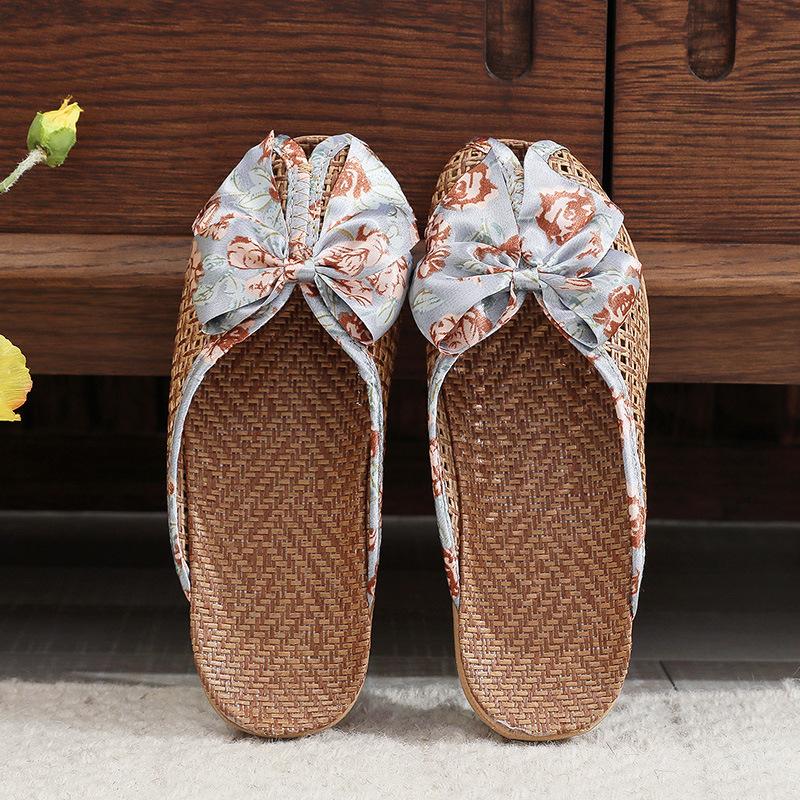 Summer Grass Mat Slippers Home Rattan Butterfly Knot Slippers Indoor Home Summer Women Linen Slippers