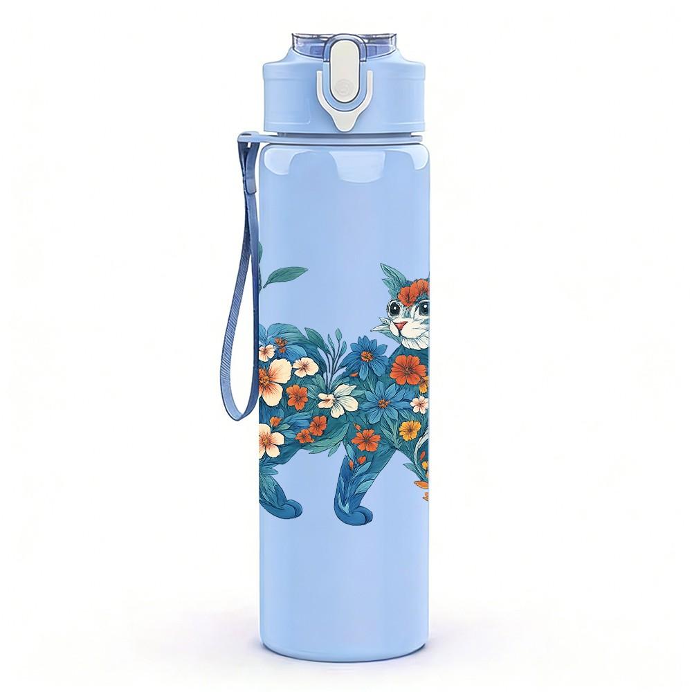 1PC Blue Floral Cat Cartoon 750ml Color Plastic Sports Water Bottle Leakproof Flip Straw Lid Suitable for Sports Office Home Use