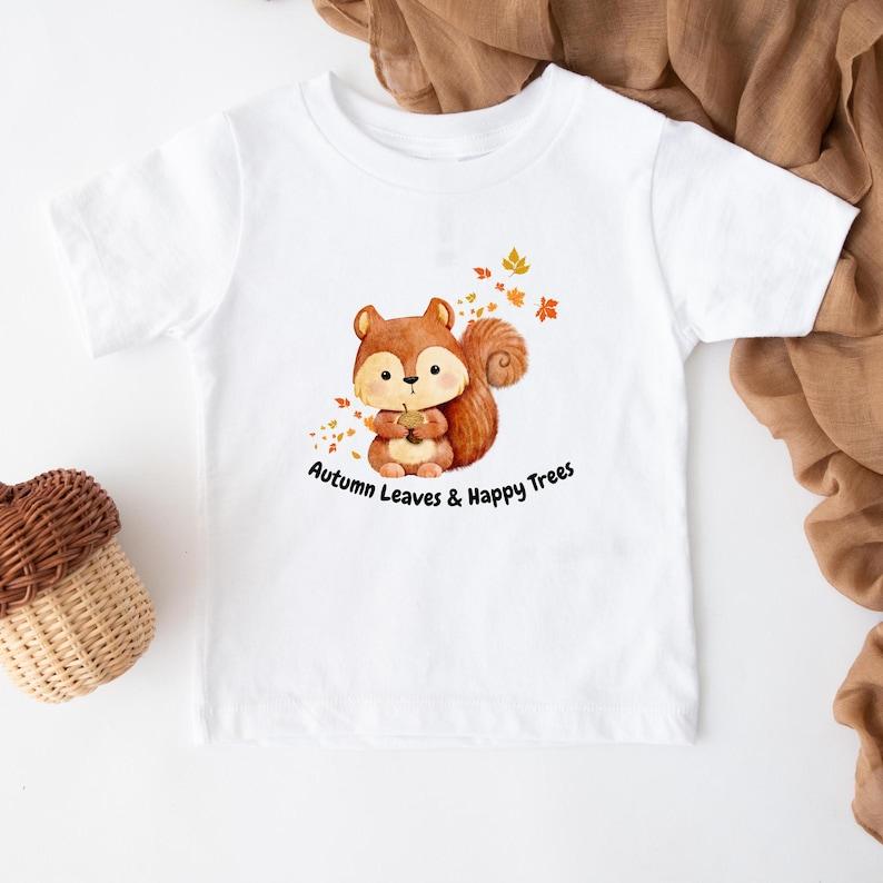 Autumn Leaves & Happy Trees Kids T-shirt: Cute Squirrel Baby - Toddler Design, Fall Themed Shirt, Holiday Season, Foliage Tee, Forest Animal 160