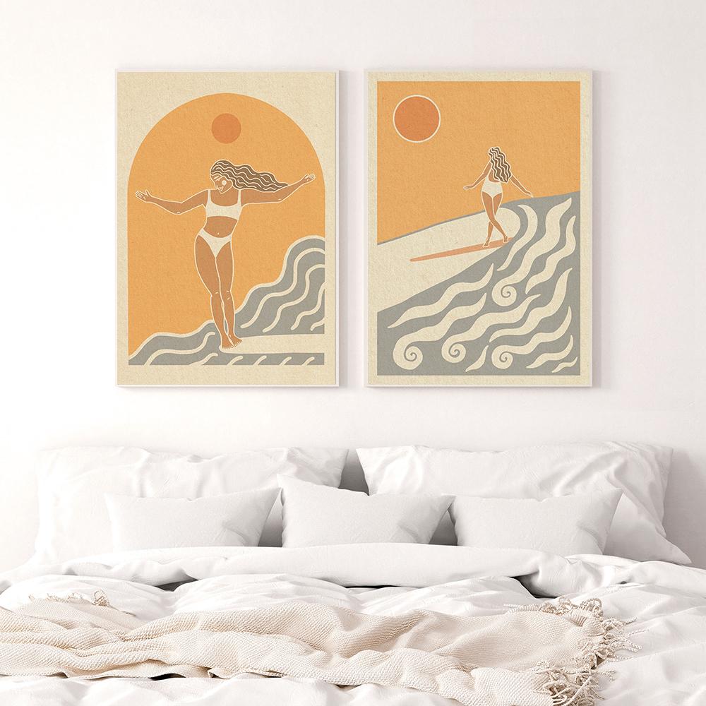 Obraz na plátně Wave Chaser Surf Girl Západ slunce Plážový dům Pobřežní rostliny Tisky Severské Surfařské chatrče Plakáty Domácí Umělecká Dekorace Obrázky