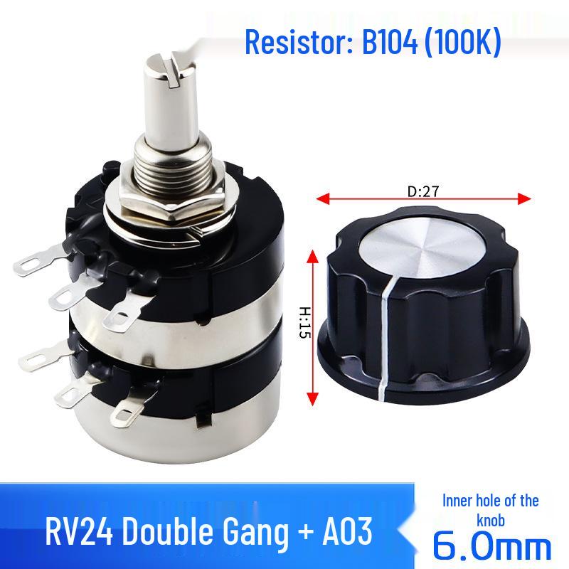 Dual-Gang Carbon Film Potentiometer: RV24YG20S, Variable Frequency Speed Control with B102/202/502 Knob Scale, Available In 5K/20K Ohm.