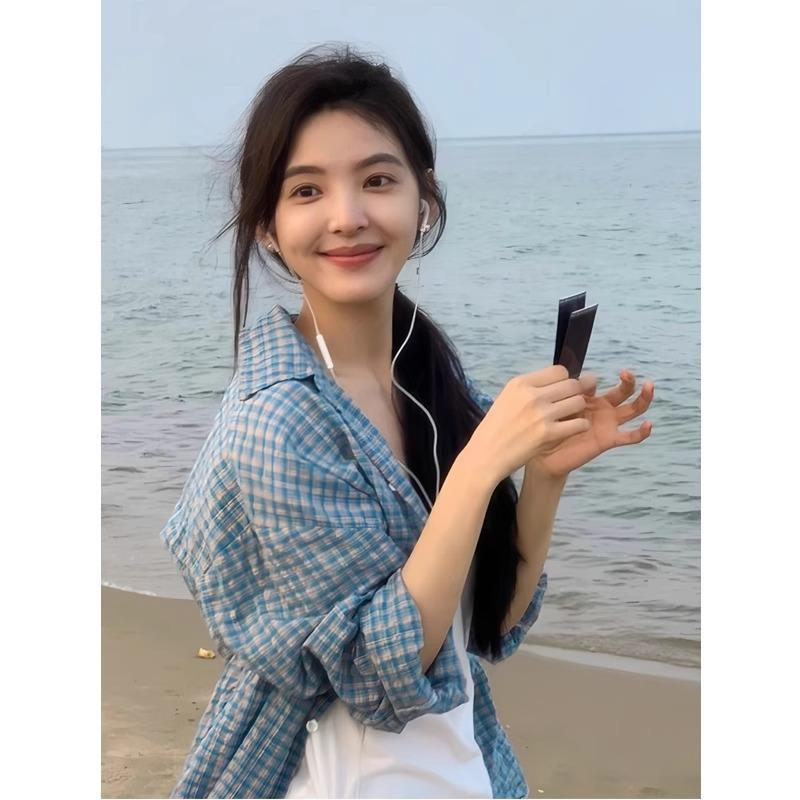 

Zhang Ruonan blue plaid shirt women s early spring new loose large size thin sunscreen top L синий