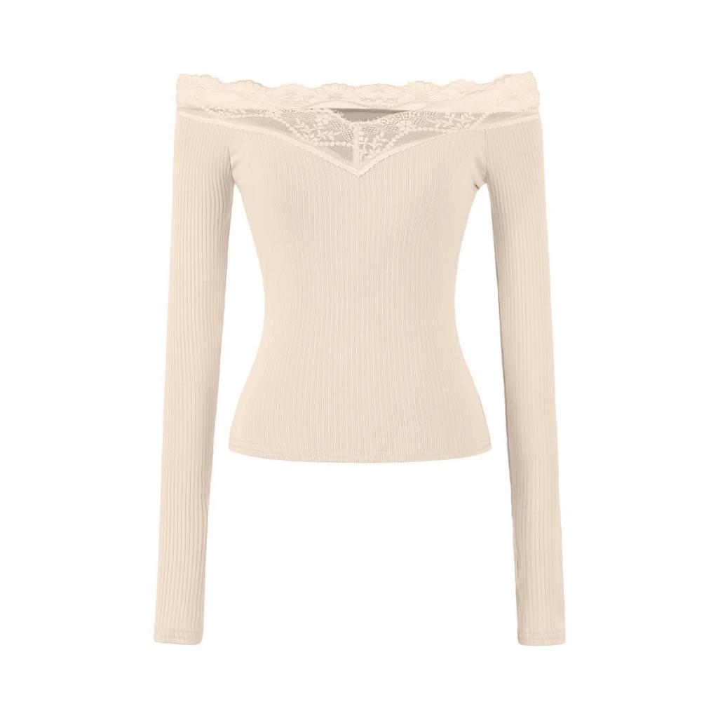 Elegant Lace One-Shoulder Long-Sleeve Women's T-shirt - 2026 Slim Fit, Classy & Off-the-Shoulder Style