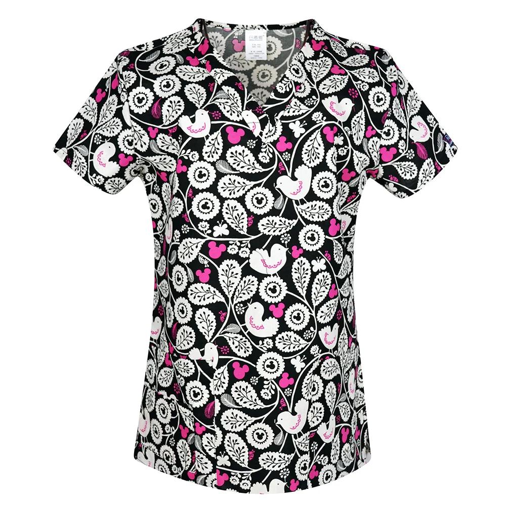 Hennar Uniforme de Trabalho Feminino 100% Algodão Estampado Uniformes Decote V Manga Curta XXS-3XL Hospitalar Clínico Uniforme de Trabalho Top