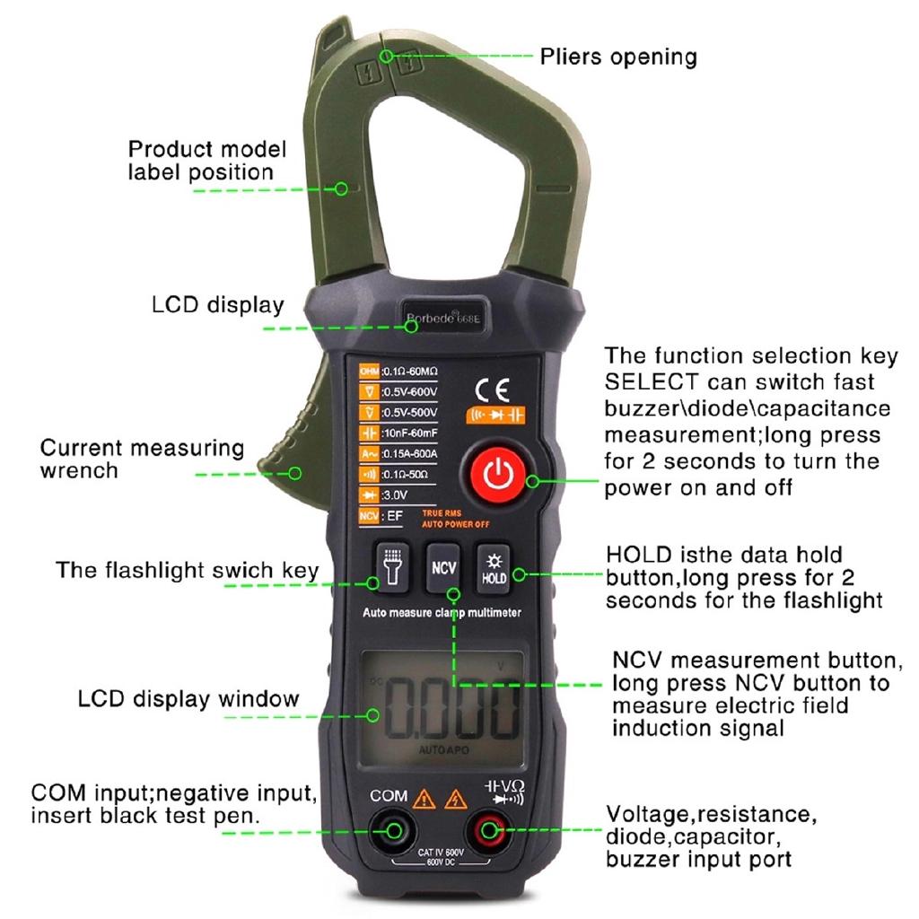 668E Digital Clamp Meter Multimeter Aut Identification 6000 Counts DC AC Resistance Capacitance NCV Tester Range Measure