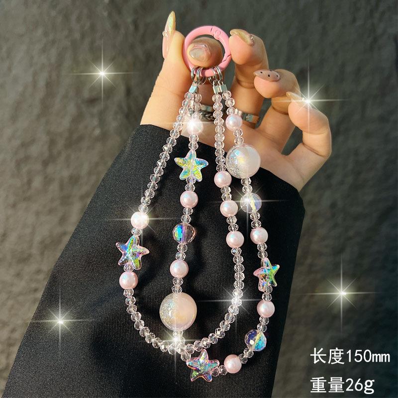 New Crystal Starfish Double Layer Phone Chain Short Crystal Pearl Beaded Phone Strap Wrist Bag Pendant Anti-Lost