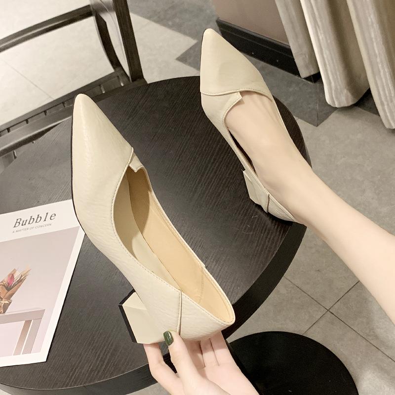 2025 Korean version thick heel light mouth high heel single shoes women's pointed professional work shoes black medium heel leather shoes