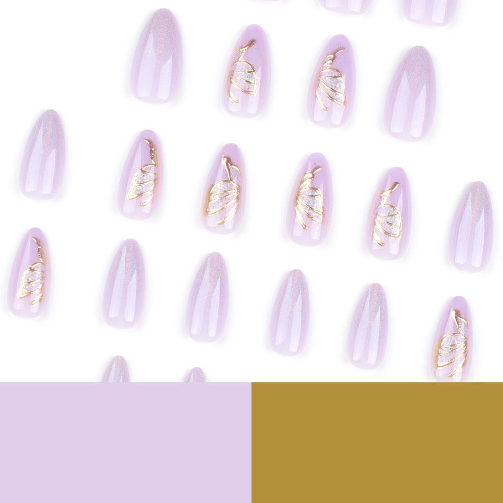 24 Pieces Handmade Magic Mirror Powder Wearing Nail Piece, Purple Solid Color Simple Nail Piece, Golden Butterfly Wearing Nail Piece