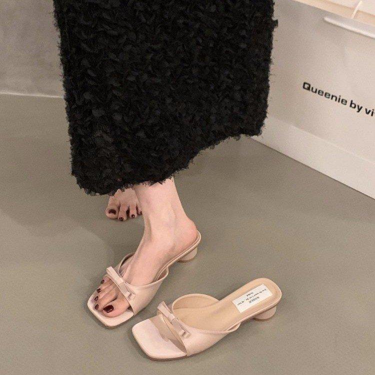 Thick heel pink French cool slippers fairy shoes outer wear 2025 new summer with skirt bow sandals