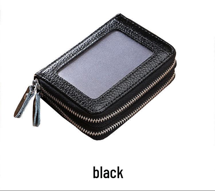 RFID Cowhide Leather Card Holder & Coin Purse with Double Zipper