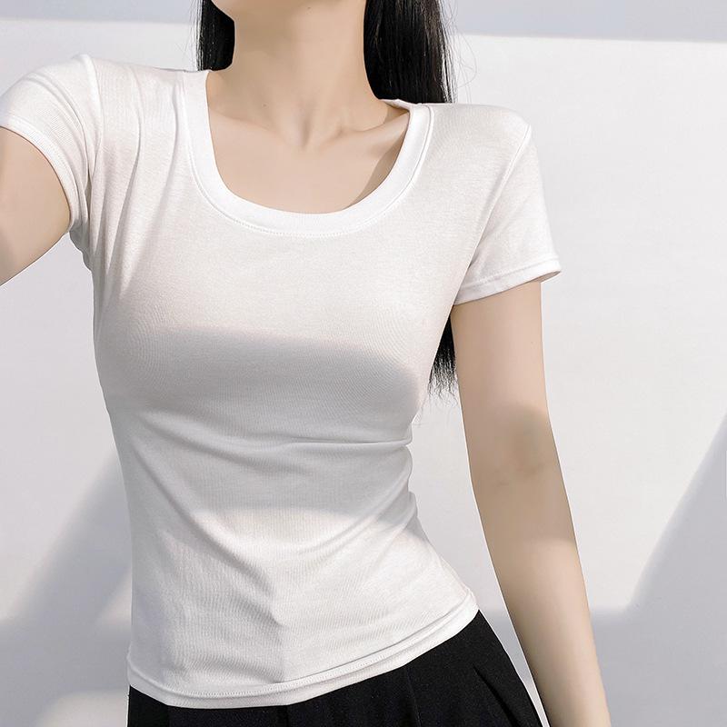 Women's Summer Slim Fit Pink U-Neck T-Shirt - Versatile & Stylish Short Sleeve Top