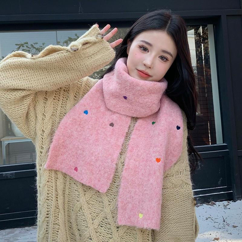 Warm Wool Fleece Scarf With Heart Embroidery Cross Neck Design Lightweight Cozy Winter Accessory Women