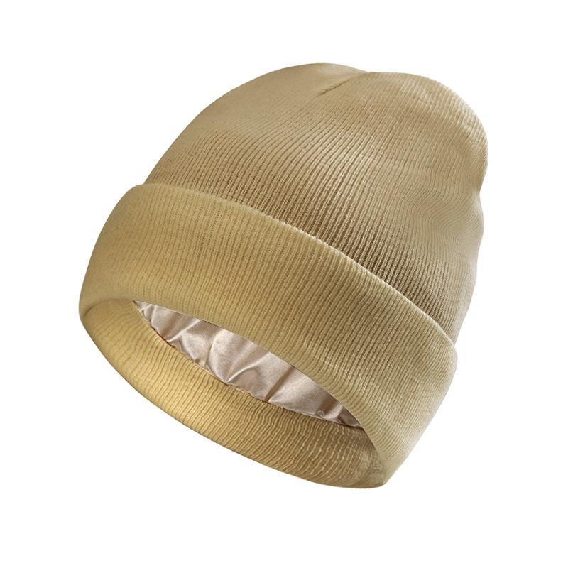 European-American Autumn/Winter Silk Satin Knitted Hat: Hairstyle Protection & Warmth