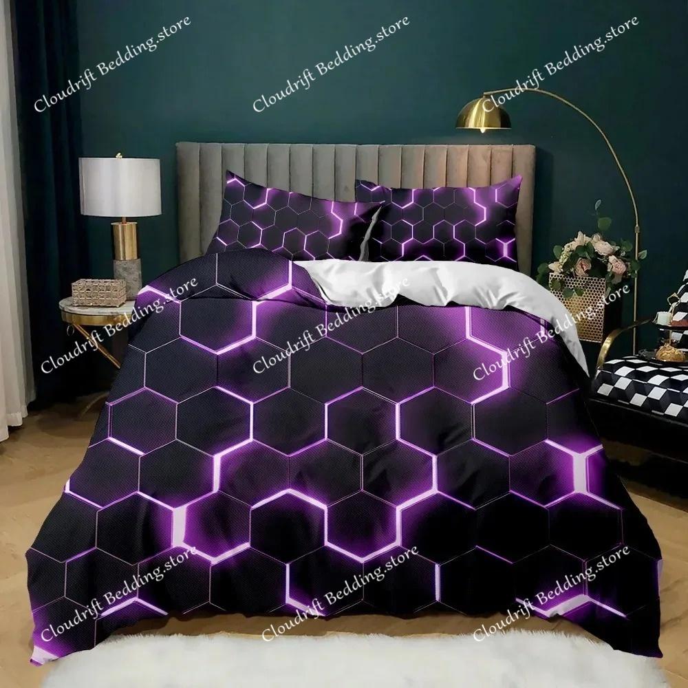 Geometric Duvet Cover Multicolor Honeycomb Hexagon Bedding Set Geometric Theme Metal Texture Streamline Polyester Qulit Cover