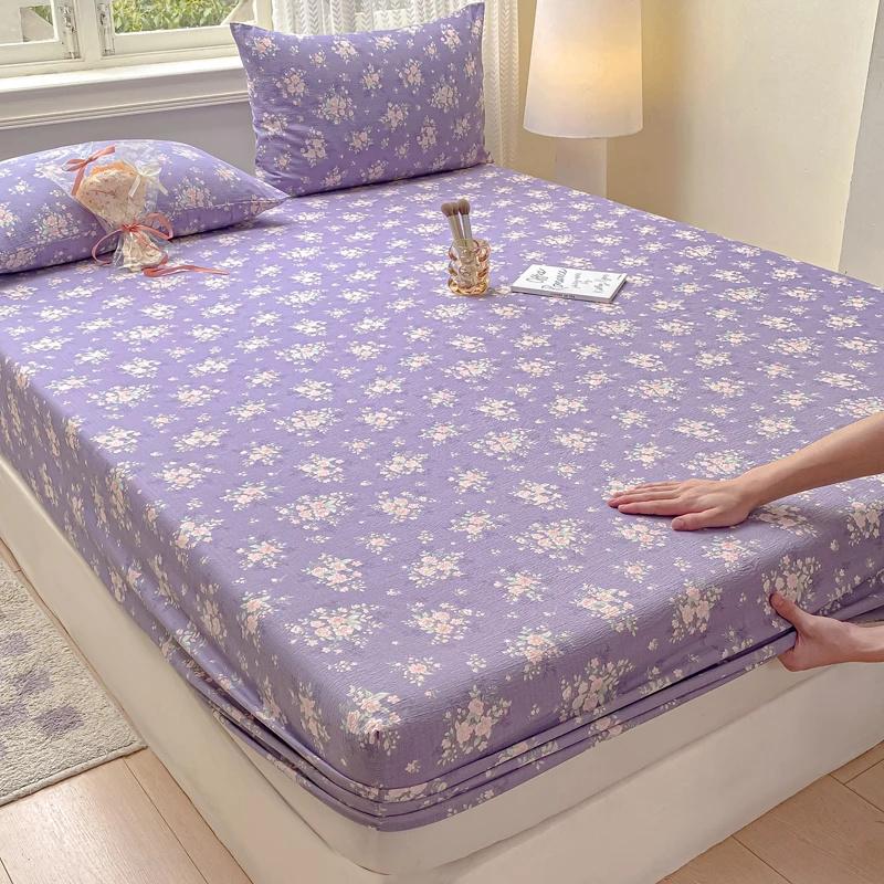 Washed Cotton Fitted Sheet with Elastic Bands Non Slip Adjustable Mattress Cover Printed Pure Cotton Bed cloth Skin-friendly Bed Cover