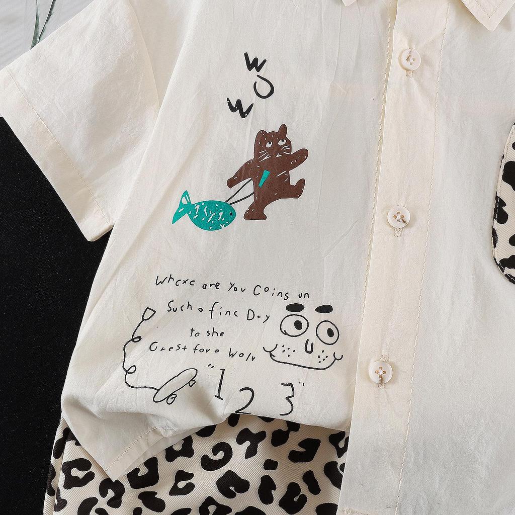 Boys' 2026 Summer Leopard Print Shirt & Pants Set – Stylish Short-Sleeve Two-Piece Outfit