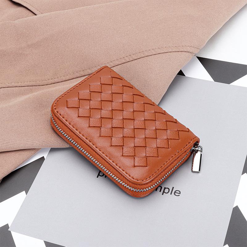 Genuine leather short small card bag 2025 new women's sheepskin hand-woven fashion card cover multi-card change bag women