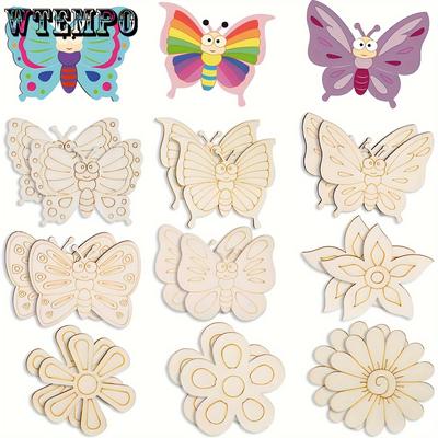 Pachet de 18 decupaje din lemn nefinisat, forme de fluturi și flori pentru pictură, 9 stiluri, semifabricate de bricolaj pentru decorarea casei ornamente suspendate