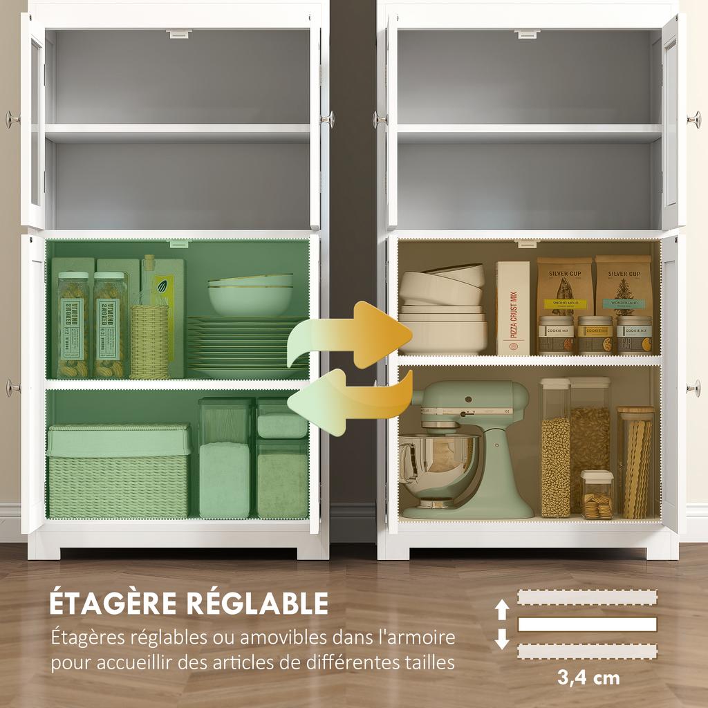 Armadio da Cucina Autoportante, Mobiletto a 4 Ante con Ripiano Regolabile e Ante in Vetro per Sala da Pranzo, Soggiorno, Bianco