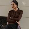 Atmosphere autumn and winter brown versatile bottoming shirt women's design sense European and American new pleated long-sleeved slim-fit top