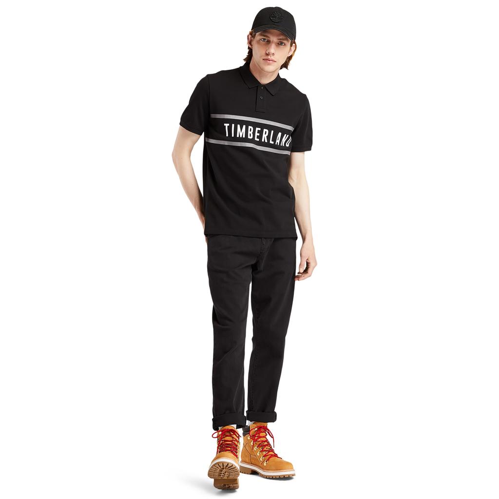 Timberland Letter Print Striped Casual Short Sleeve Polo Shirt Men Tops Black A43K2-001