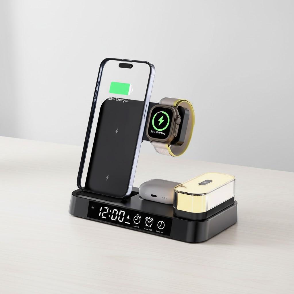 

30W Foldable Wireless Charger Clock with RGB Lighting for iPhone 13/12 Pro Max Apple Watch 7/6 AirPods Pro Fast Charging чорний