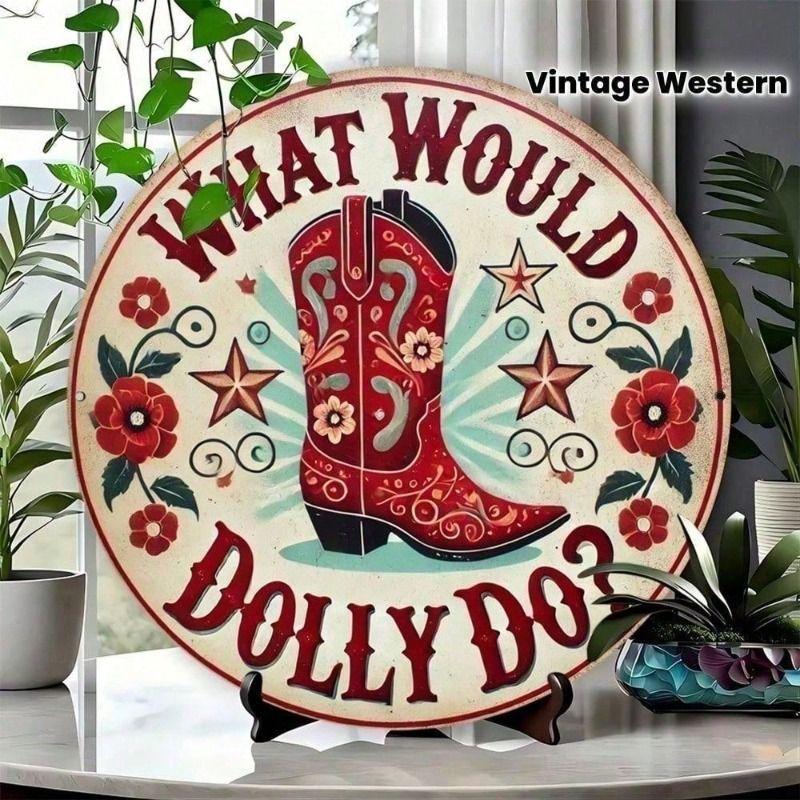 Vintage Red Cowboy Boots Metal Poster Wall Art, Round 8x8 Inch Gift for Dolly Parton Fans