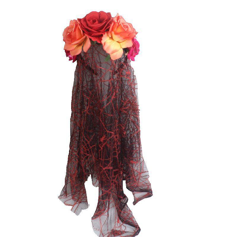 Artificial Veil Headband Halloween Headband Wreath Rose Streamer Headdress Rose Red Yarn Headband decoration