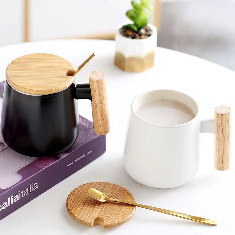 Nordic Ceramic Mug with Lid & Spoon - Wooden Handle, Ideal for Coffee, Office, or Gift with Logo Print.