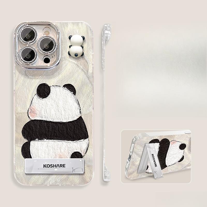 Panda Doll Stand Suitable for Apple 16 Mobile Phone Case 13promax Feather Yarn Without Frame 15 Cute 14 Naked Metal Sense