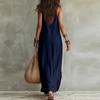 Damen Lässiges Maxikleid mit Knopfleiste Ärmellos V-Ausschnitt Lang Leinen Baumwollmischung Sommerkleid Lockere Passform Strandkleid