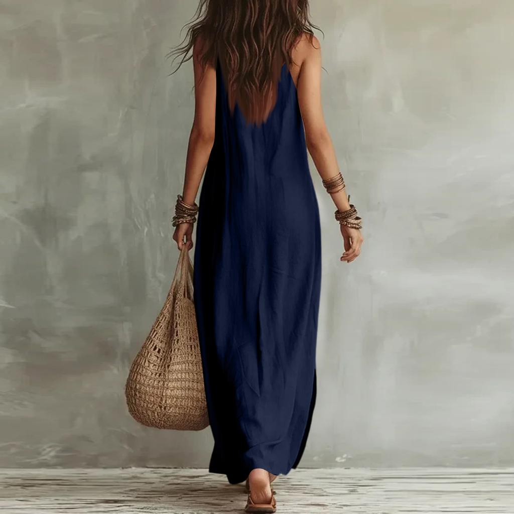 Damen Lässiges Maxikleid mit Knopfleiste Ärmellos V-Ausschnitt Lang Leinen Baumwollmischung Sommerkleid Lockere Passform Strandkleid