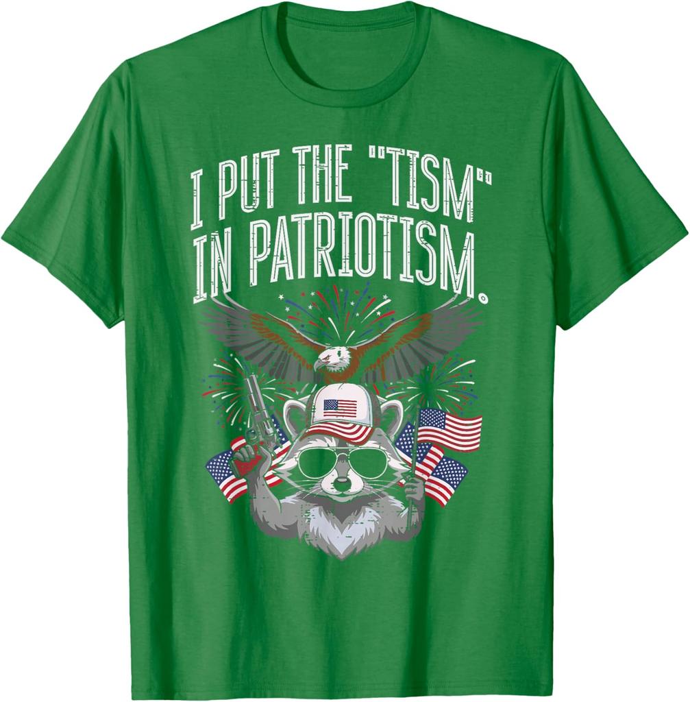 I Put The Tism In Patriotism Raccoon Funny Graphic Print Round Neck Cotton T Shirt Casual Tops