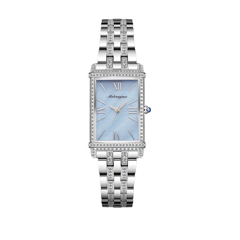 Diamantbesetzte quadratische Quarzuhr Damenmode Stahlarmband Schachbrettmuster Uhr Export