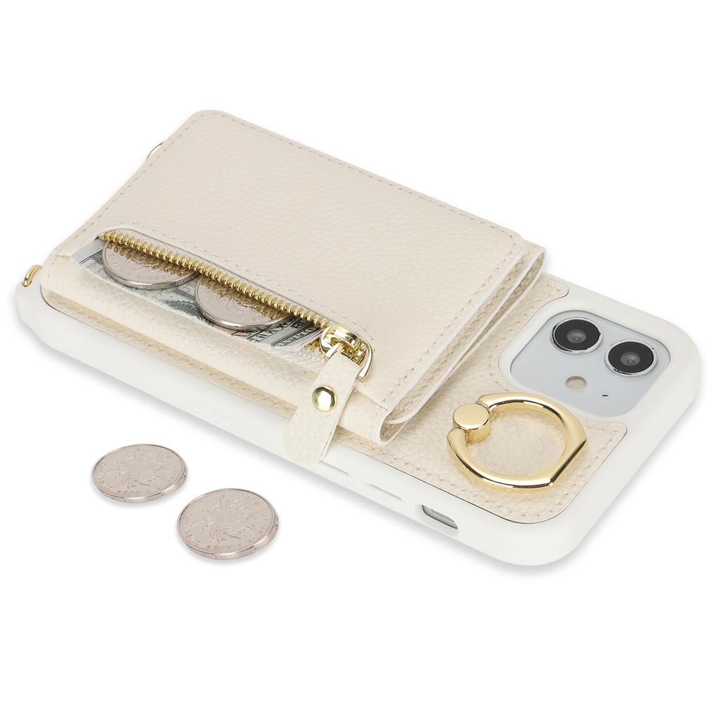 For iPhone 12/12 Pro Case Card Bag Ring Holder Litchi Texture Leather+TPU Phone Cover with Long Strap