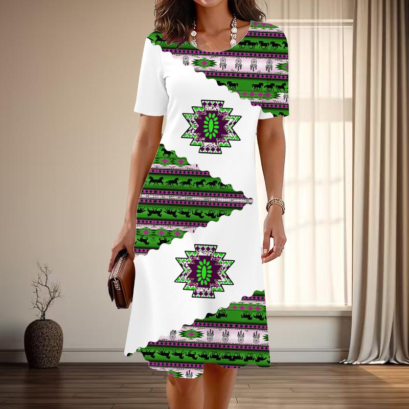 Dámská móda Půvabné Retro Potisk Letní Jarní Krátký Rukáv Kulatý Výstřih Ležérní Šaty