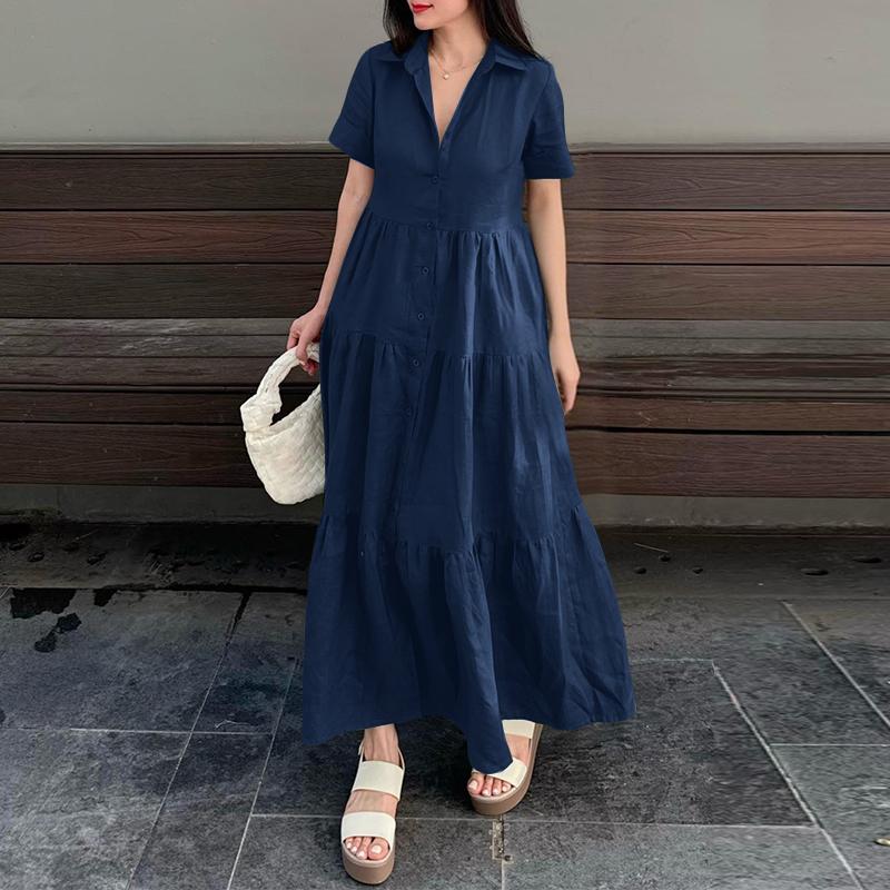 

ZANZEA Женское повседневное летнее платье с отложным воротником и короткими рукавами 5XL синий