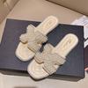 Slippers women's flat heel outer wear year summer beaded travel beach rhinestone flat sandals one word sandals commuter style