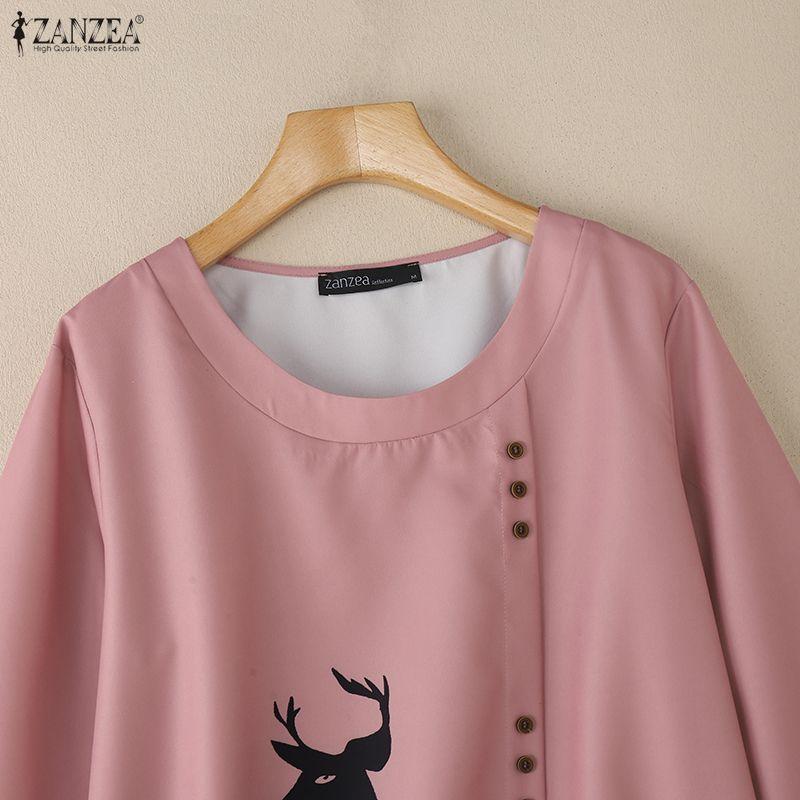 ZANZEA Women Casual Round Neck 3/4 Sleeve Loose Print Blouse
