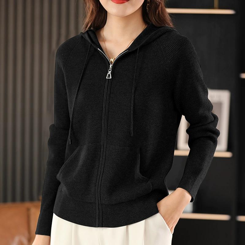

Autumn and Winter Women s Hooded Knitted Cardigan Women s Autumn Casual Zipper Sweater Jacket Loose Top XXL чорний