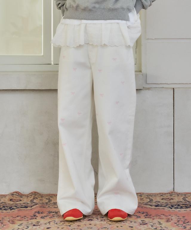 Ronron Ribbon Pattern Wide Denim Pants White