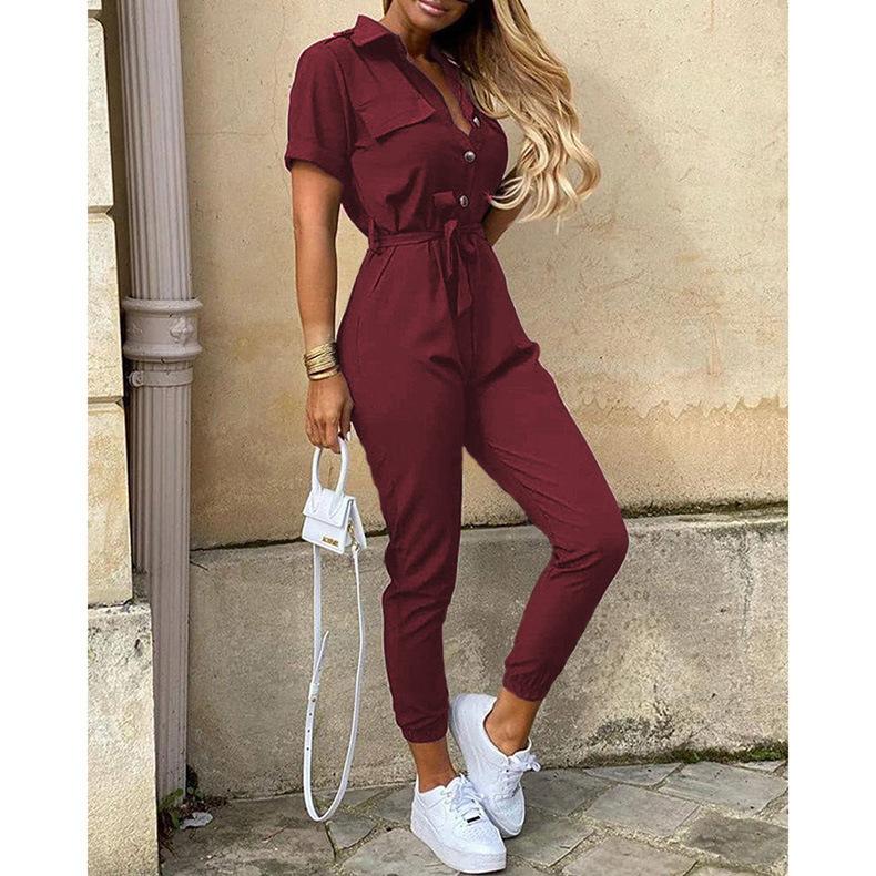 Summer Women's Trousers Casual Lapel Button Print Belt Cargo Jumpsuit