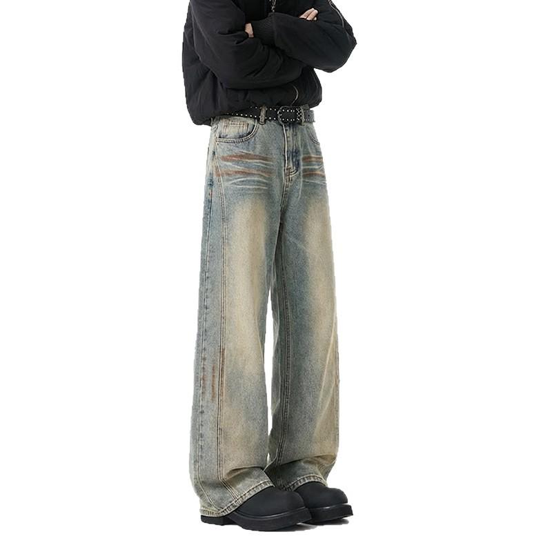 American high street washed old jeans men's and women's vibe ruffian handsome straight-leg pants splicing personalized mopping pants long pants